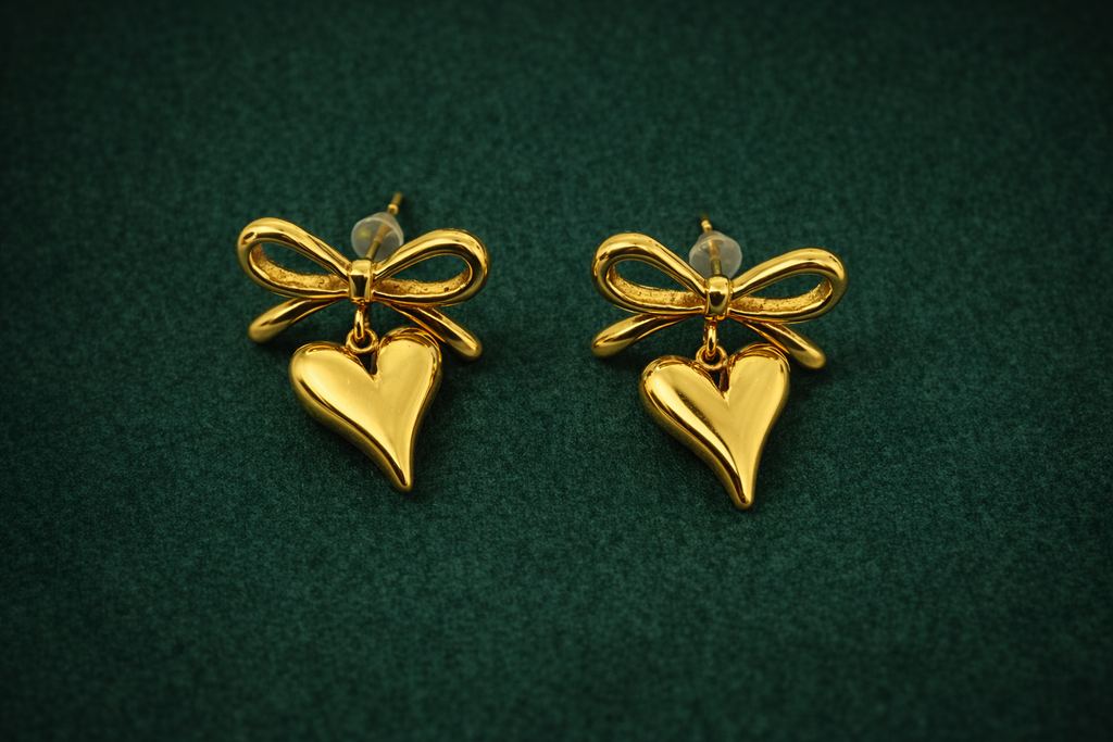 Golden Bow Heart Earrings